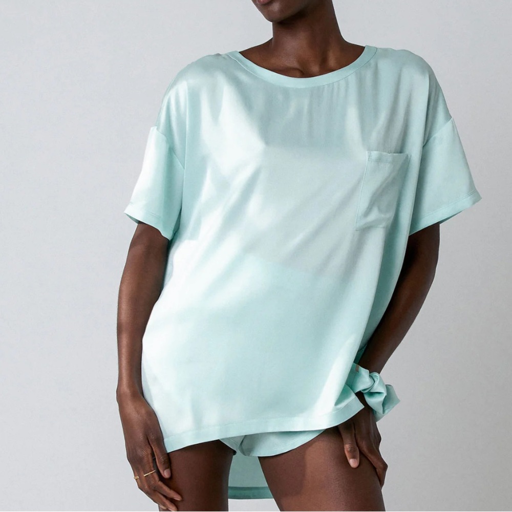 NWT: Lunya Washable Silk Tee Set in light blue and a grey size Medium